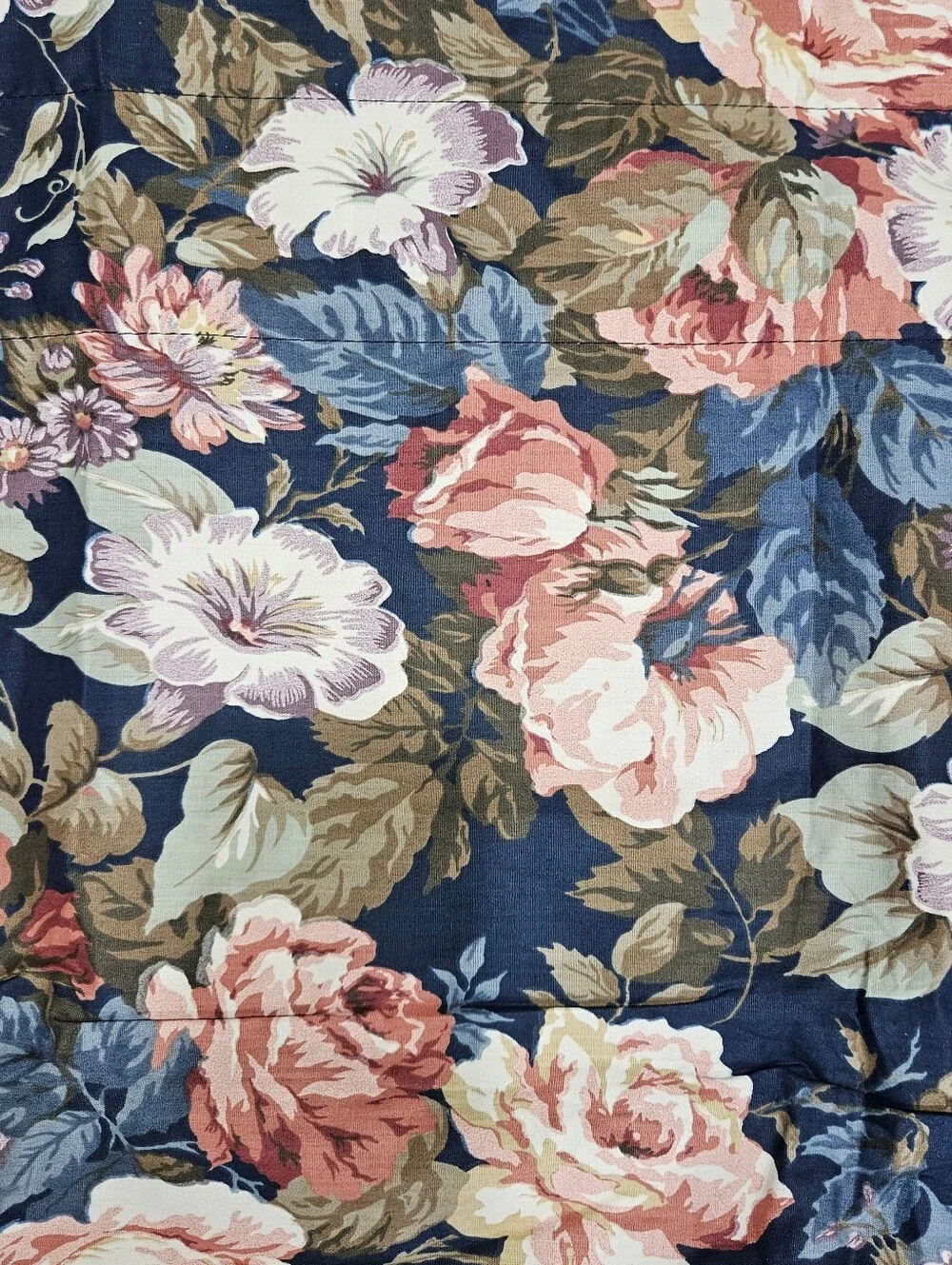 VTG JC Penney Big Pink Floral Roses Window Valances Navy Blue Chintz Pair 70X18